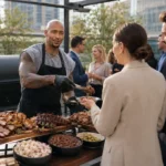 Chef Chi serving pulled pork to guests at a rooftop corporate BBQ catering event