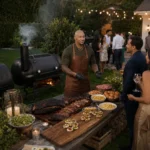 Chef Chi smiling and serving guests at an evening backyard BBQ event with a smoker and sliced brisket spread