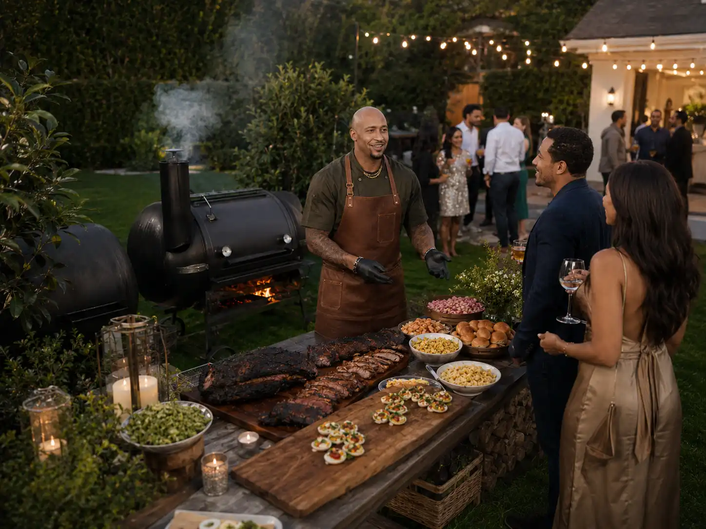 Chef Chi smiling and serving guests at an evening backyard BBQ event with a smoker and sliced brisket spread