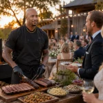 Chef Chi slicing brisket and serving a plate to guests at an outdoor wedding reception with string lights